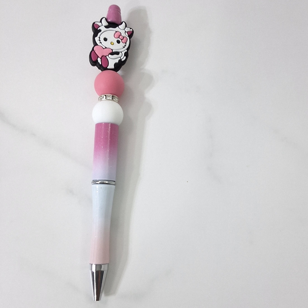 Hello Kitty Cow Heart Beaded Writing Pen, Black Ink Pen, NEW